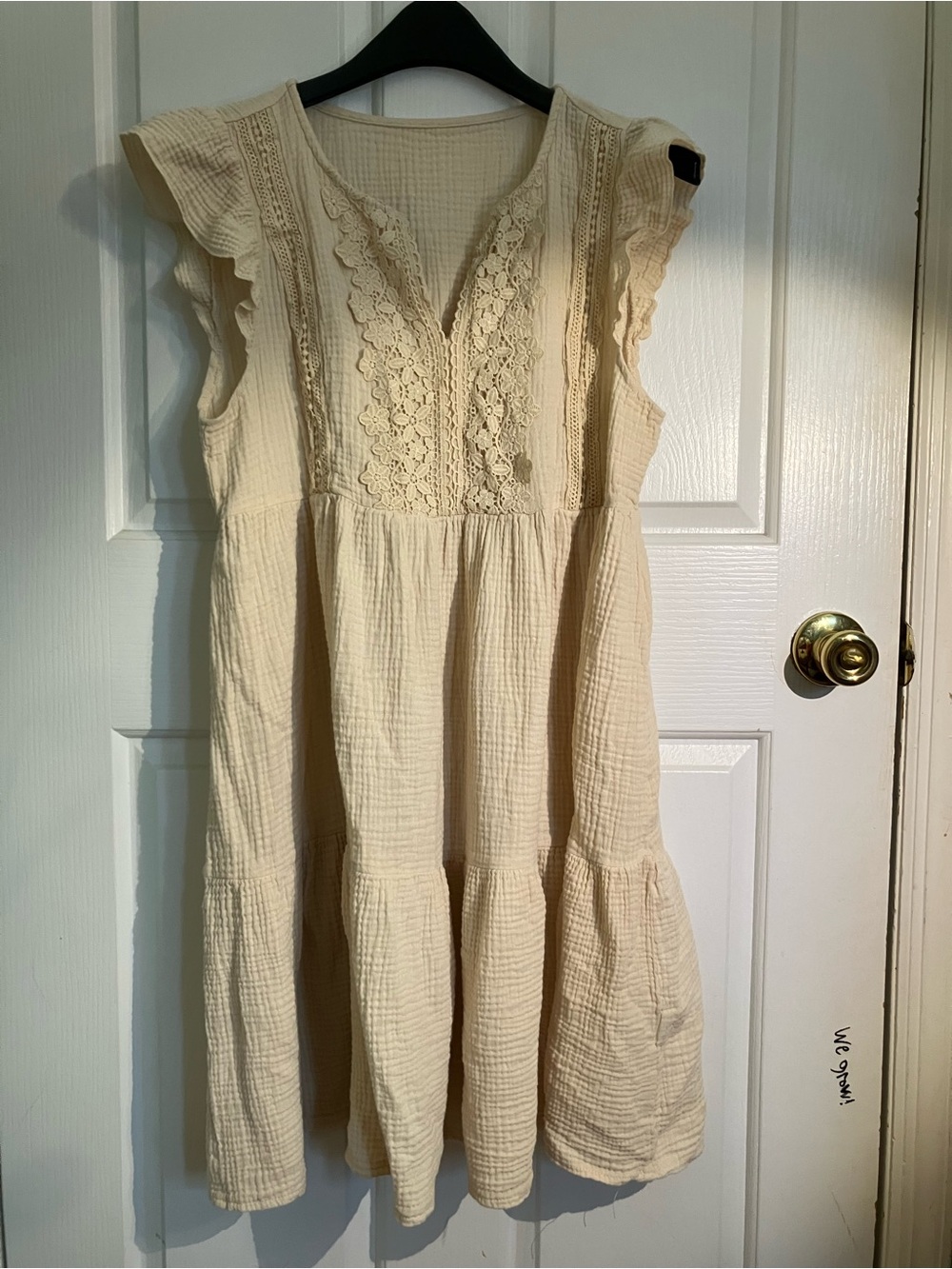 Girls Cream Lace-Front Ruffle Sleeve Dress